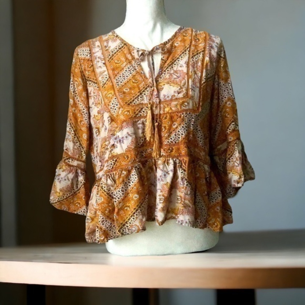 Jasse Yellow Mustard Colored Floral Top Size S